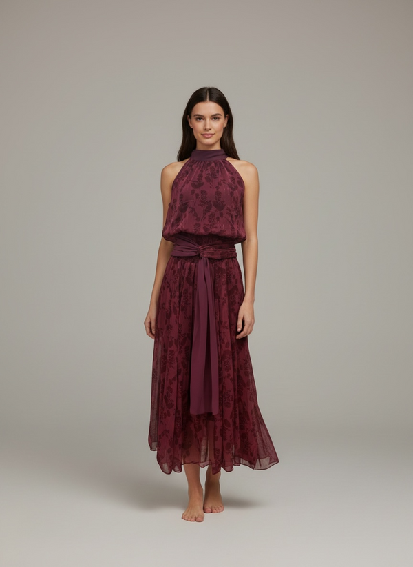 Vestido largo con lazada en cintura