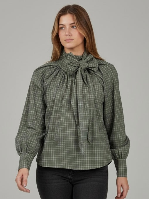 Blusa de Cuadros Verde oliva con Lazada al Cuello