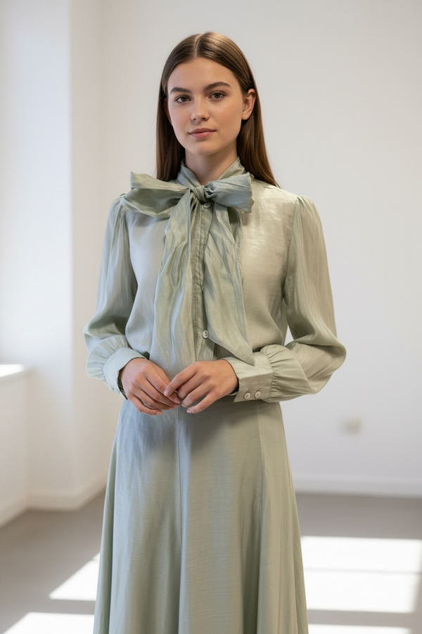 Blusa Satinada con Lazon y Falda a Juego