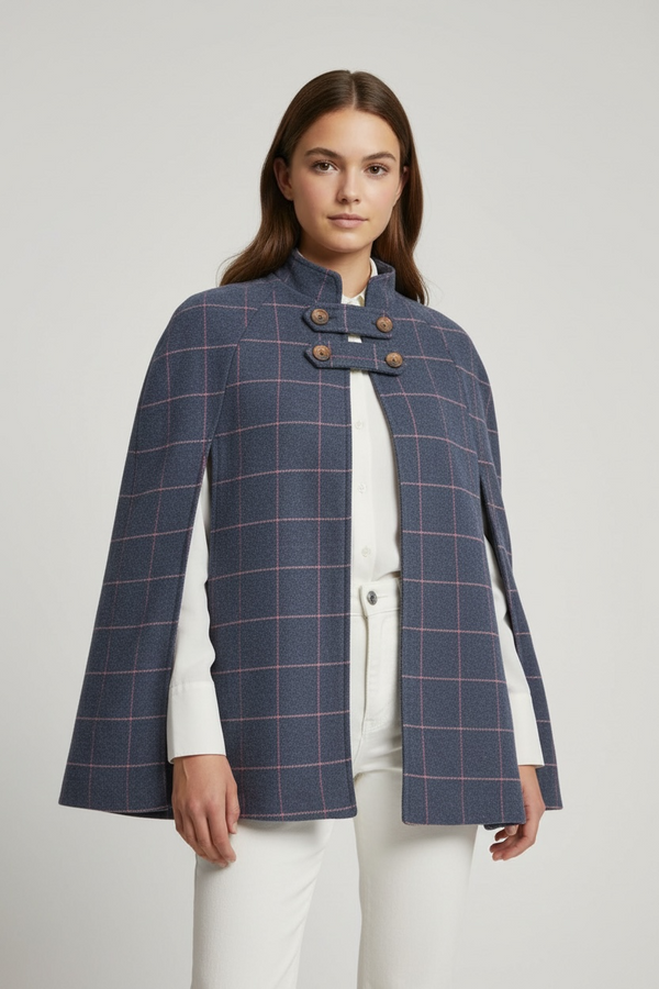 Capa/poncho "Tartan Heritage" - Paño de Lana con Cuadros y Cuello Mao