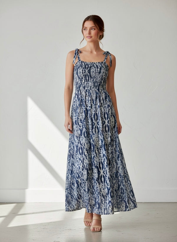 Vestido largo estampado Ikat tirantes lazo