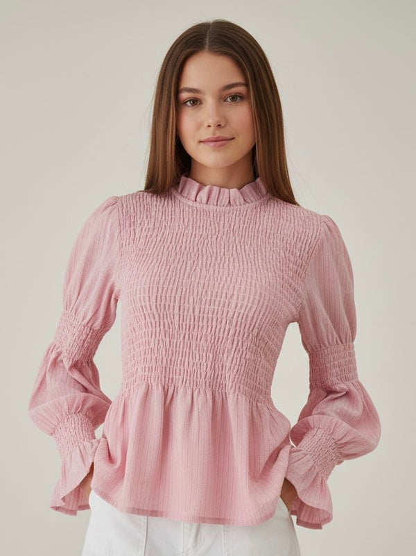 Blusa Smocked de Rayas con Cuello Perchado y Manga Poeta