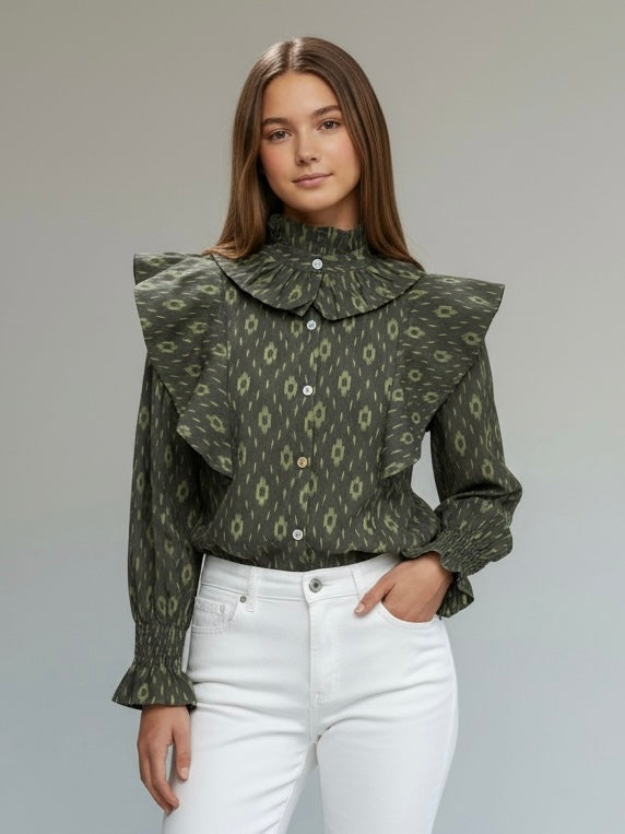 Blusa con fruncido y Volantes Estampada Ikat