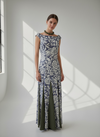 Vestido largo jacquard floral con aberturas contraste oliva
