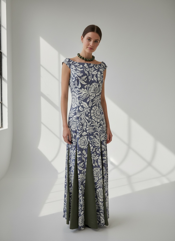 Vestido largo jacquard floral con aberturas contraste oliva