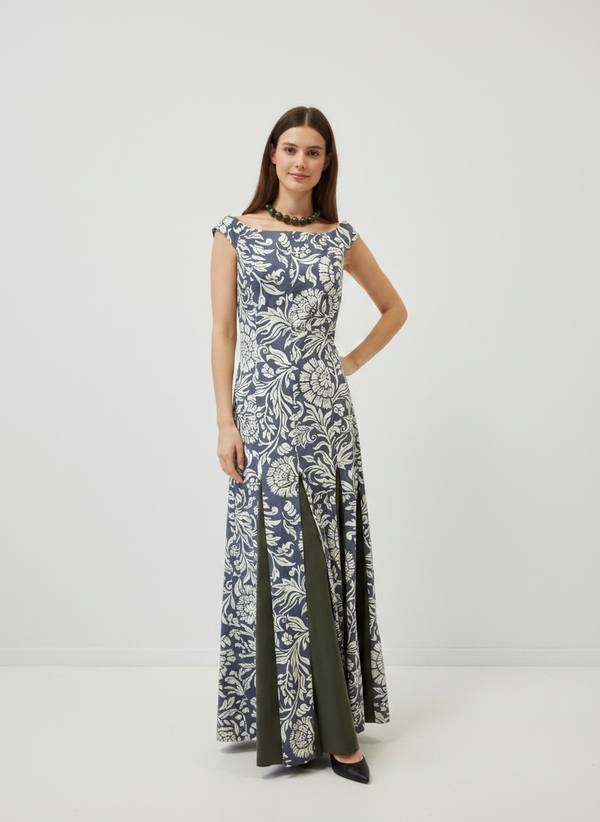 Vestido largo jacquard floral con aberturas contraste oliva
