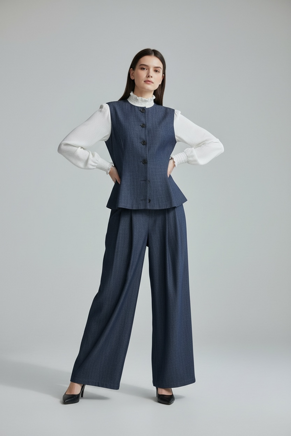 Chaleco entallado con pantalón fluido azul