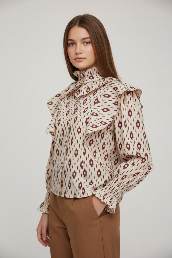 Blusa con fruncido y Volantes Estampada Ikat