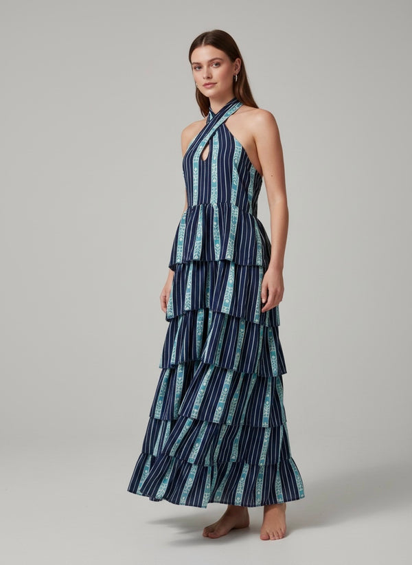 Vestido midi capas rayas azul con tirantes multiposición
