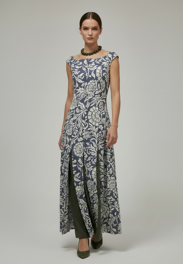 Vestido largo jacquard floral con aberturas contraste oliva