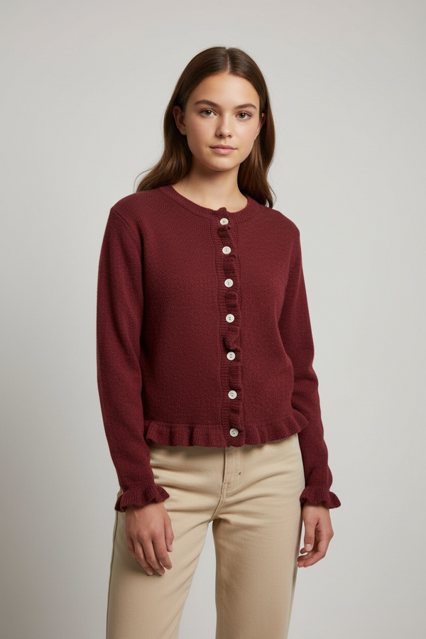 Rebeca "Volantes Romance" - Cárdigan de Punto Fino con Ribete Rizado