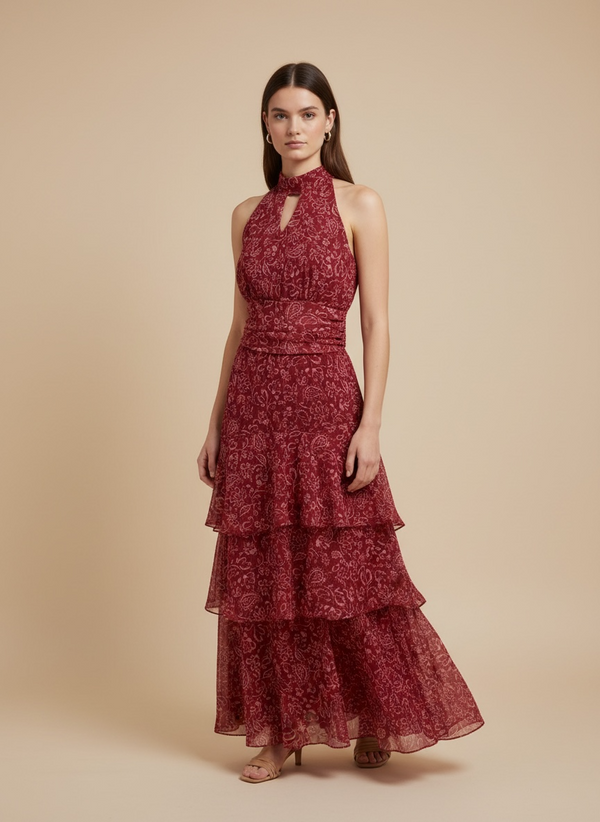 Vestido maxi paisley con cuello halter y falda por niveles