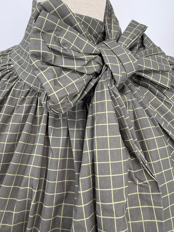 Blusa de Cuadros Verde oliva con Lazada al Cuello