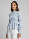 Blusa Smocked de Rayas con Cuello Perchado y Manga Poeta