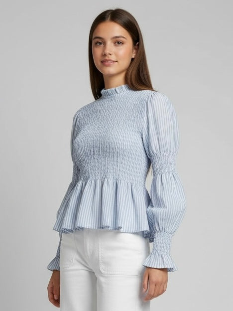 Blusa Smocked de Rayas con Cuello Perchado y Manga Poeta