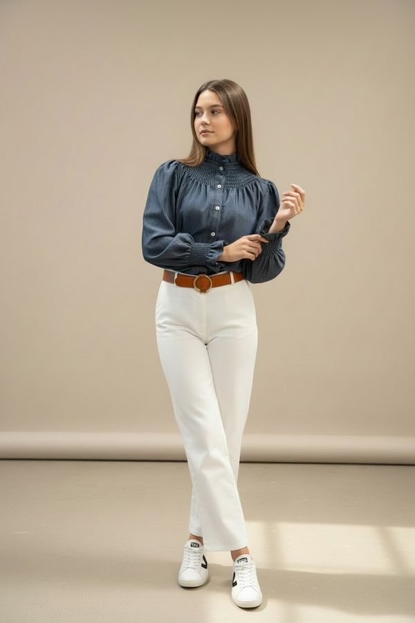 Blusa denim con volantes