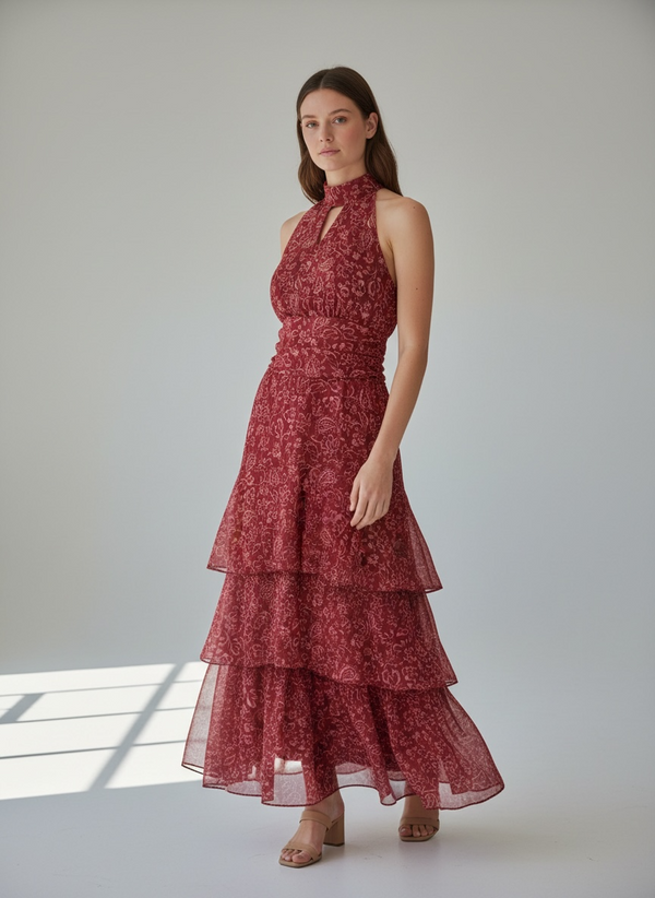 Vestido maxi paisley con cuello halter y falda por niveles