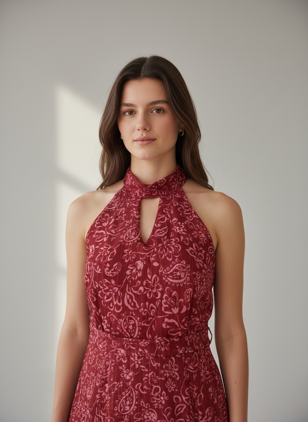 Vestido maxi paisley con cuello halter y falda por niveles