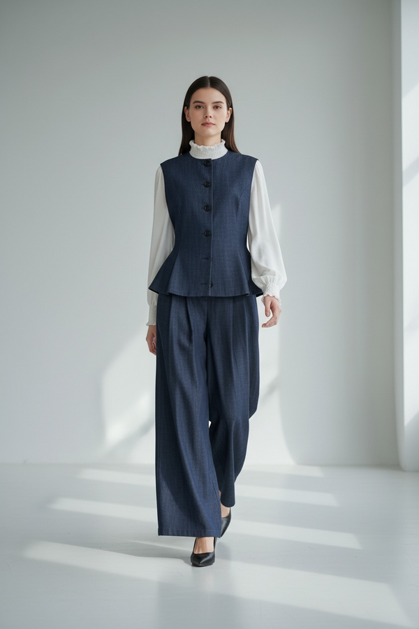 Chaleco entallado con pantalón fluido azul