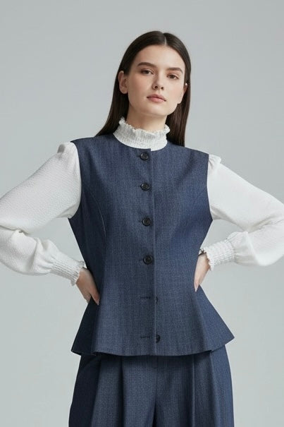 Chaleco entallado con pantalón fluido azul