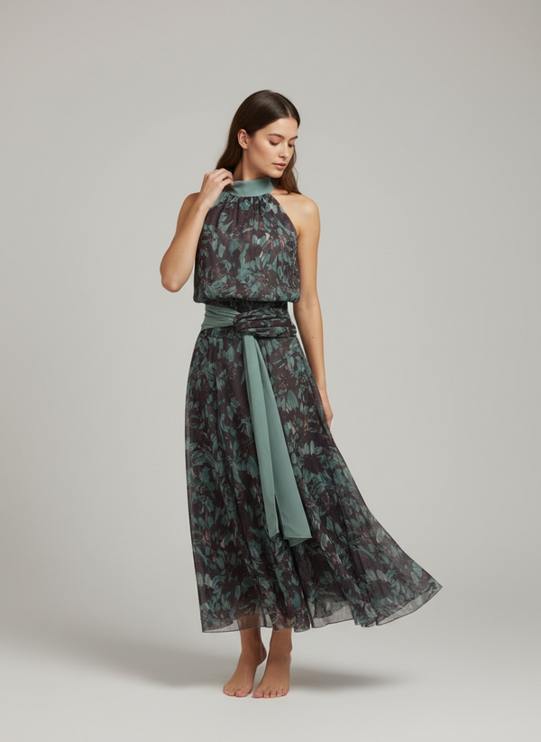 Vestido largo con lazada en cintura