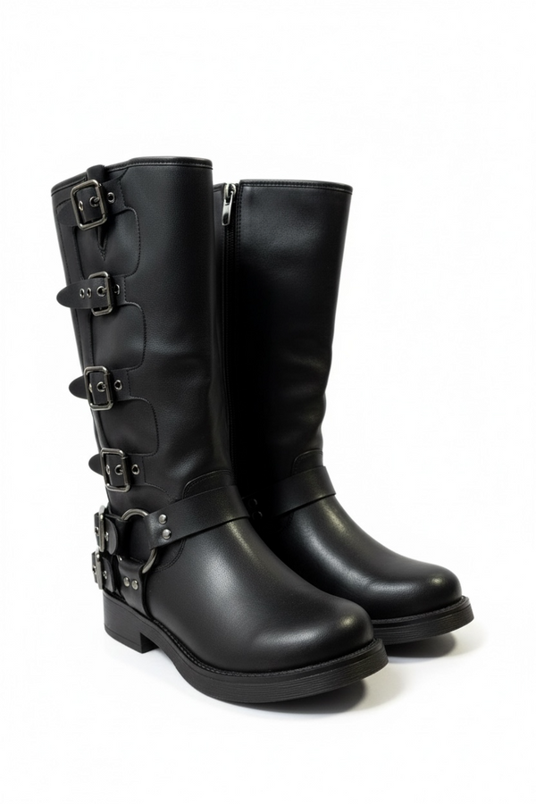 Botas “track” Altas Estilo Motero con Múltiples Hebillas