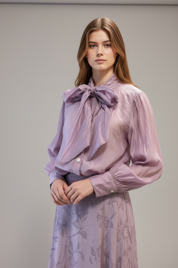 Blusa Satinada con Lazon y Falda a Juego