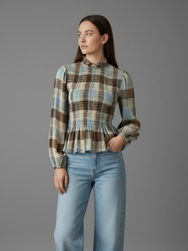 Blusa Cuadros Tartán con Nido de Abeja