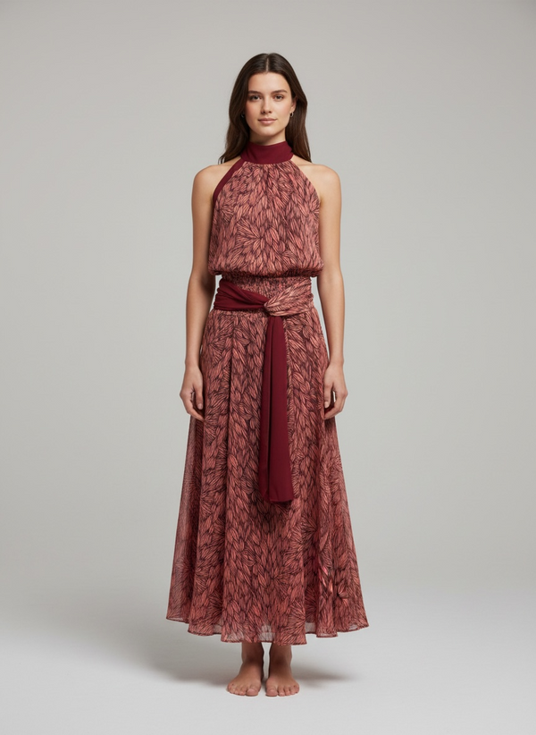 Vestido largo con lazada en cintura