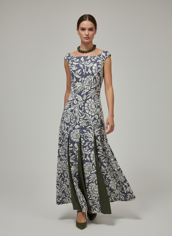 Vestido largo jacquard floral con aberturas contraste oliva