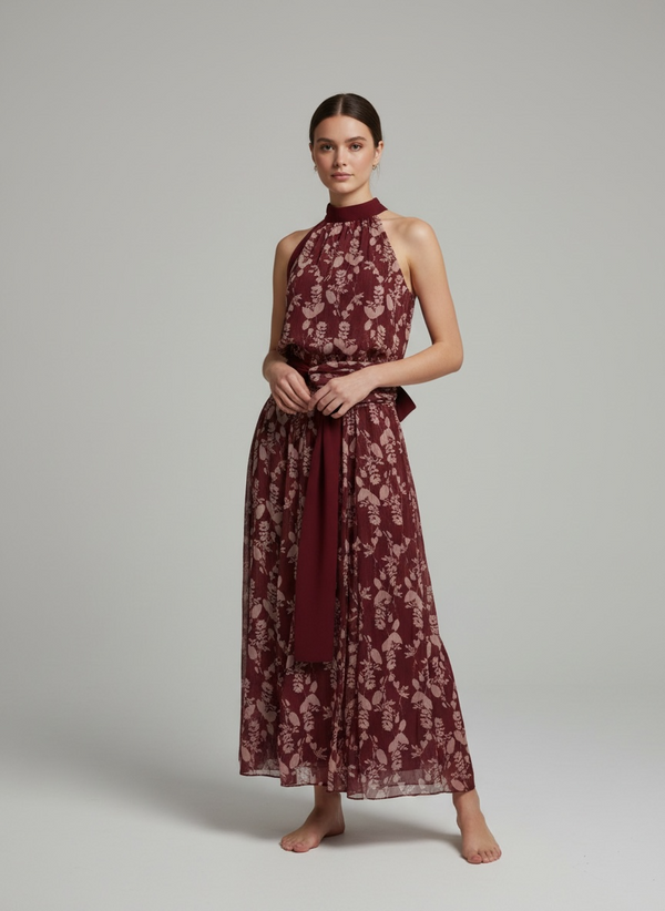 Vestido largo con lazada en cintura