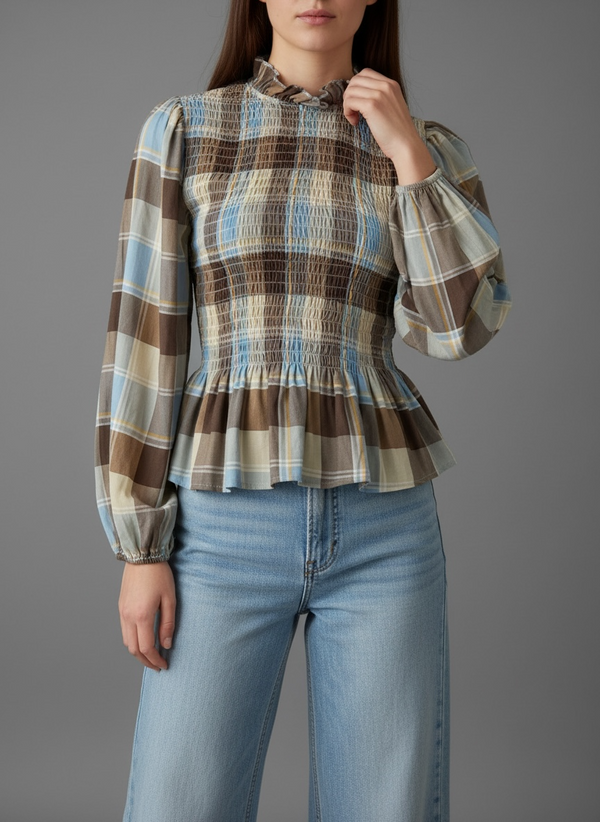 Blusa Cuadros Tartán con Nido de Abeja